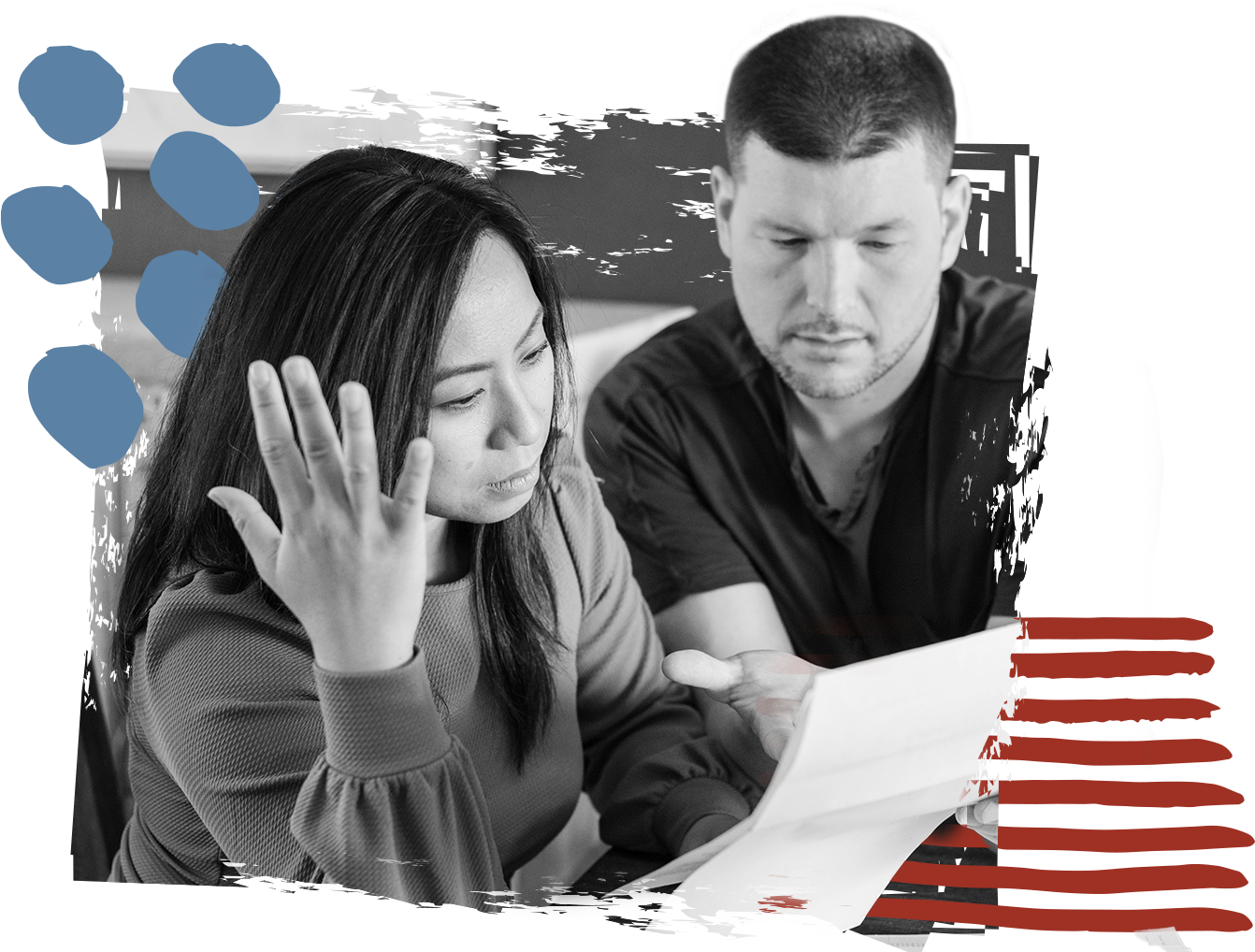 A concerned, frustrated couple looks at bills